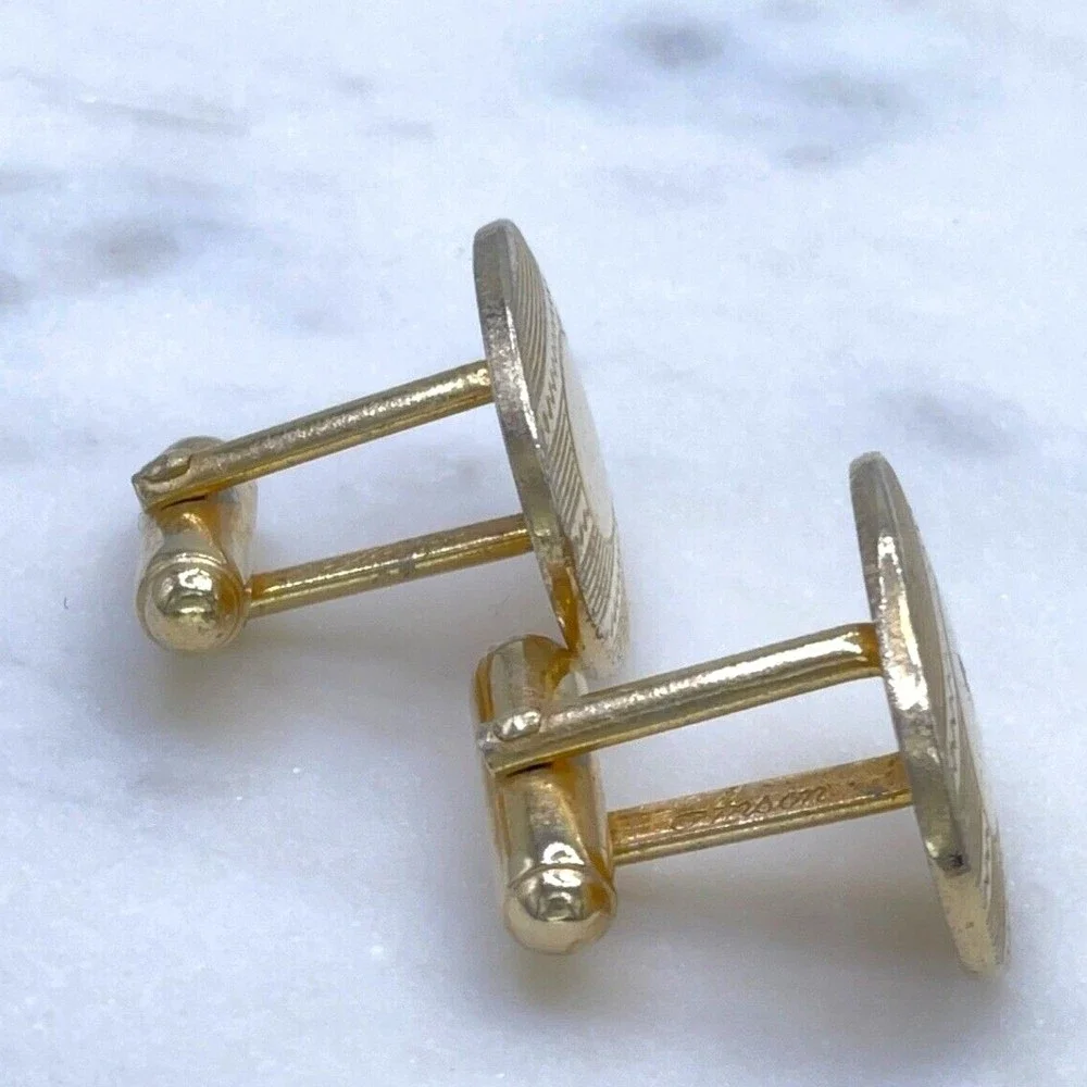 Mens Vintage Signed Anson Oval Gold Tone Textured Striped Bullet Back Cufflinks